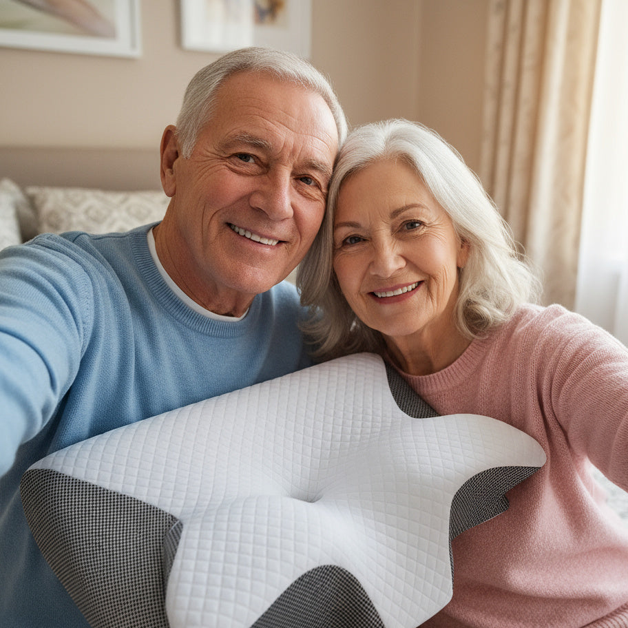 Senior couple holding a white pillow with text 'we sleep better together with this' in a cozy room.