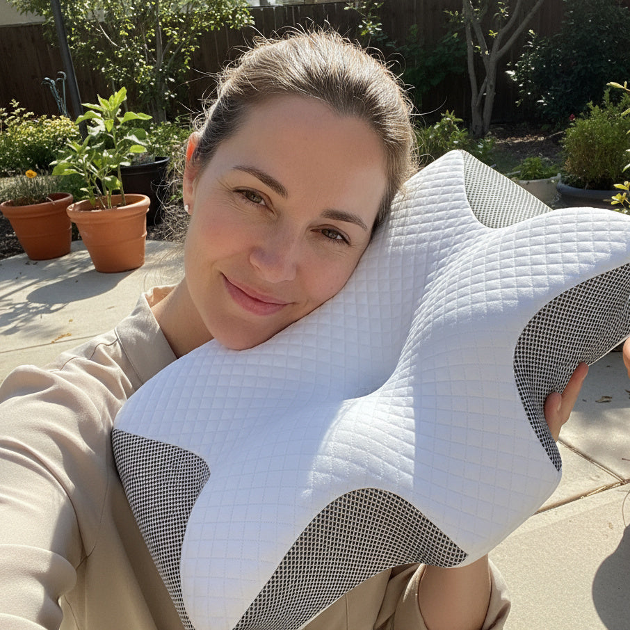 Woman holding a unique shaped pillow outdoors with plants in the background