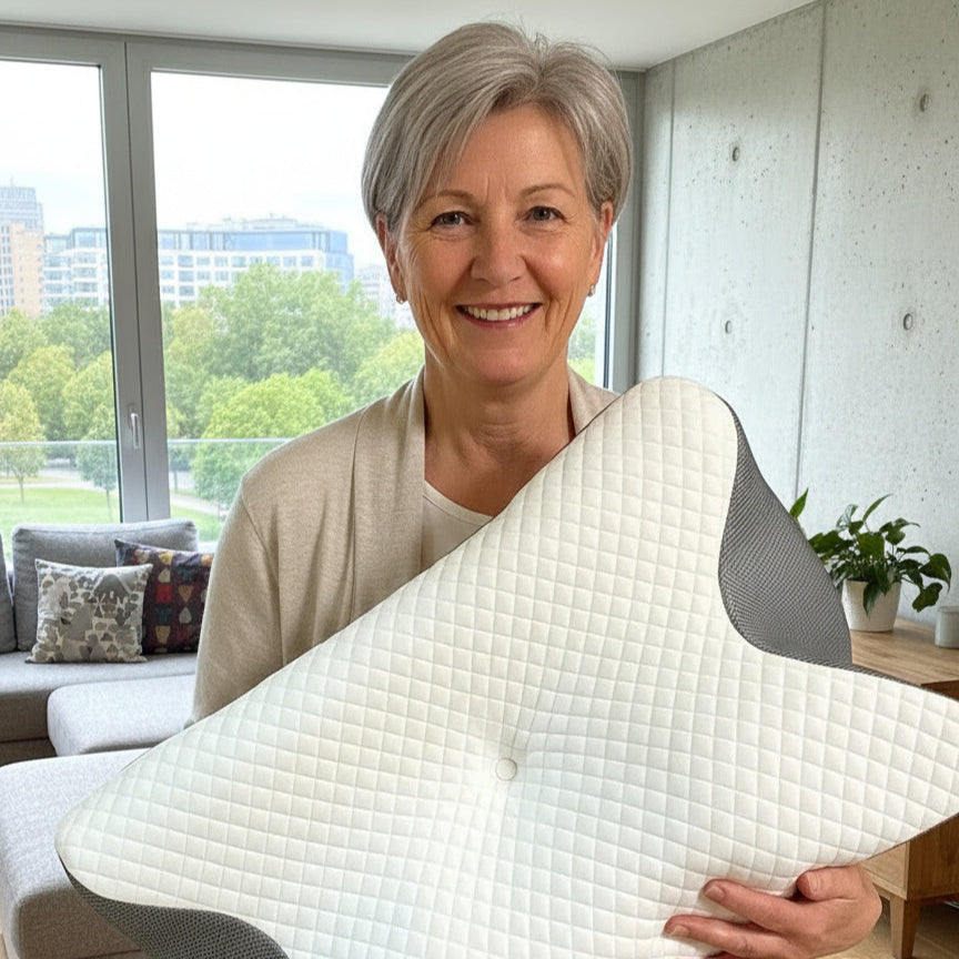 Woman holding a white pillow with gray accents in a modern living room.