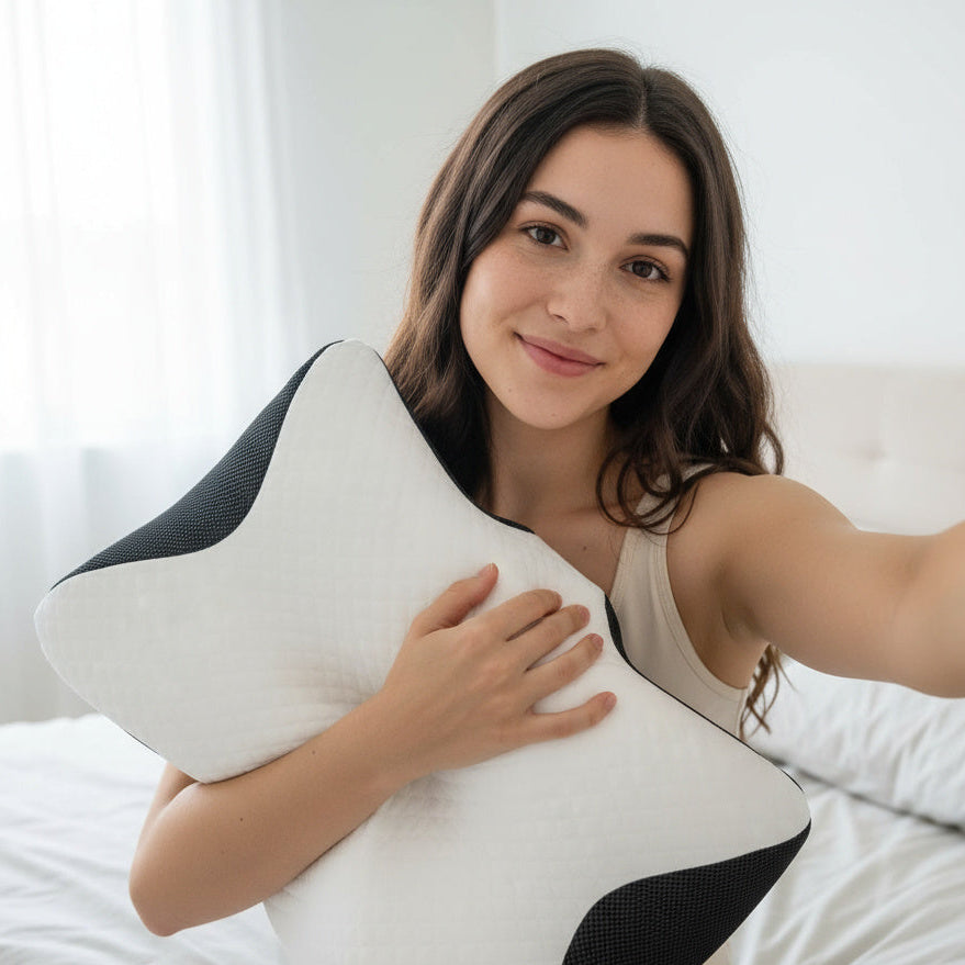 Woman holding a white pillow with black accents, sitting on a bed.