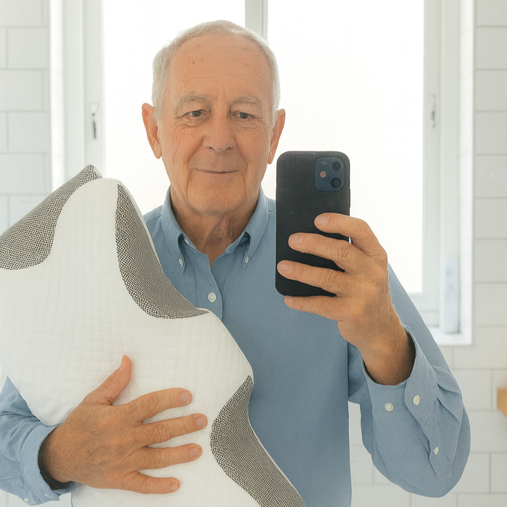 Man holding a pillow and using a phone in a bathroom setting